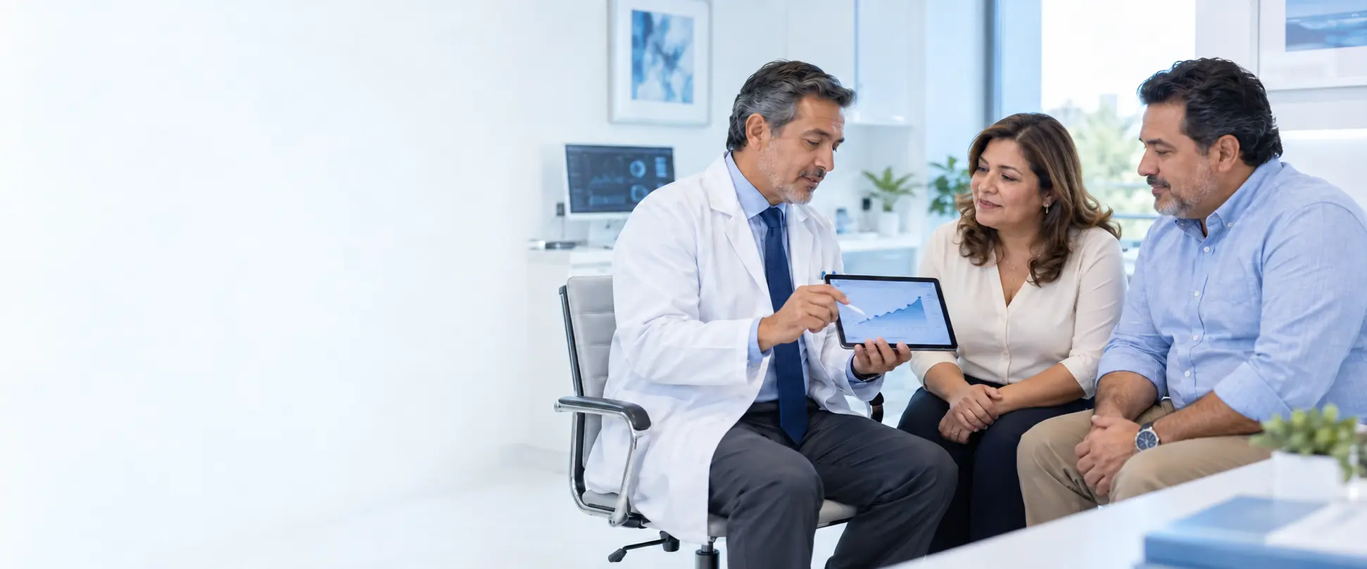 Pareja adulta con sobrepeso consulta con un médico especialista sobre su evaluación metabólica